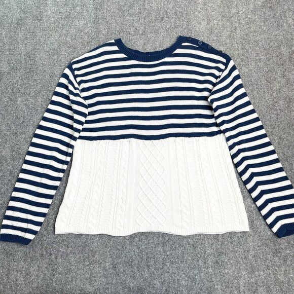 Orvis Sweaters - Orvis Sweater Womens Medium Navy Striped Scalloped Hem Button Accent Cotton